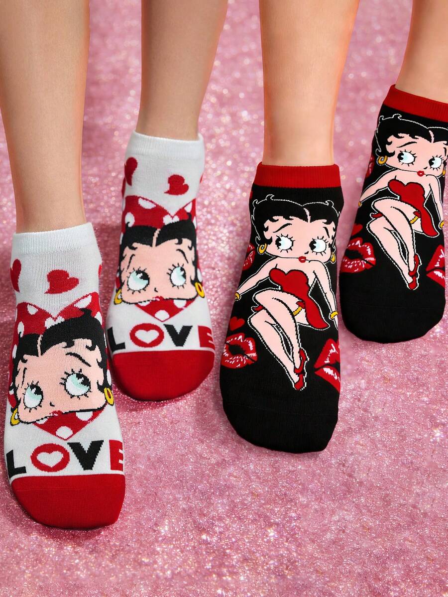 Betty Boop x SHEIN 2 Pairs Soft & Breathable Moisture-Wicking Casual Ankle Socks With Bat Pattern Fashionable Cool Black & White Short Socks Reinforced Toe & Heel For Durabiliy Unisex For Men & Women All Season All-Match Summer Winter,Graphics Socks,Gift Ideas,Party,Holiday,Valentine's Day - Multicolor - View 1