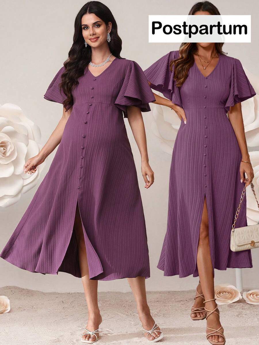 SHEIN 孕妇纯色V领荷叶边短袖纽扣设计优雅连衣裙 - 紫色 - 查看 1