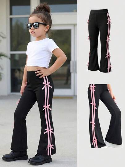 SHEIN Söta utsvängda casualbyxor med ränder och sidosvängningar för babyflicka, kontrastfärgade band- och rosettdetaljer, för skolstart och vardagsbruk