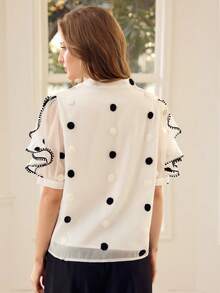 PREMIUM MESH WHITE BLACK SWISS DOT PUFF SLEEVE CONTRAST BINDING RUFFLE TRIM SHIRT - White - View 3