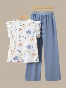 Franclia Women's Casual Floral Print Cap Sleeve Round Neck Blouse And Pink Straight Leg Pants 2-Piece Set, Spring/Summer - Multicolor - View 2