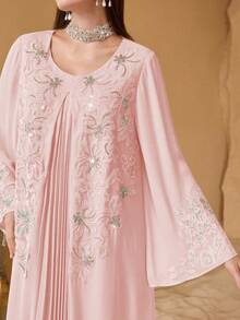 SHEIN Najma Đầm dài tay nữ thanh lịch thêu ngọc trai, phối nhiều mảnh, xếp ly phía trước. - Màu Hồng baby - Xem 4
