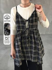 FRIFUL Women's Casual Plaid Asymmetric Hem Tie Front Camisole Top - Multicolor - View 1