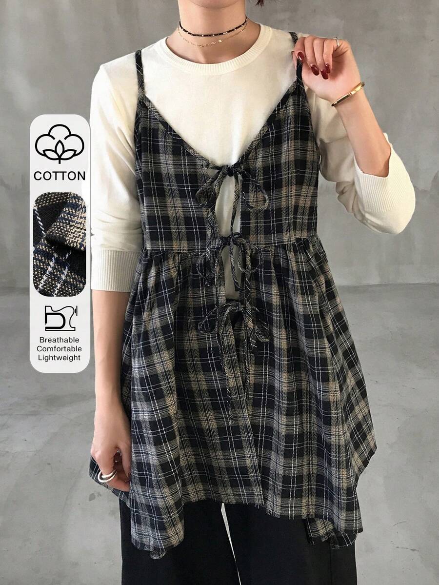 FRIFUL Women's Casual Plaid Asymmetric Hem Tie Front Camisole Top - Multicolor - View 1