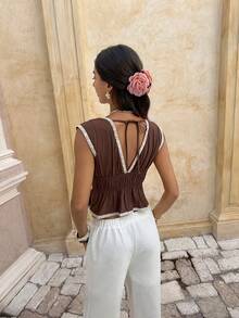 SHEIN Frenchy Women's Summer Vacation Casual 100% Cotton Brown Contrast Lace Trim Double Tie Front Deep V Neck Sleeveless Peplum Top Boho Vacation Deep V-Neck Contrast Trim Knotted Casual Sleeveless Blouse,Brown Top  ,Elegant Women's Blouses Brown Blouse Embroidered Blouse Summer Tops,Summer, Valentine's Day, Carnival, Party ,Wedding ,Birthday, Elegant ,Vacation, Casual ,Summer Tops ,Fasching Women Costume - Brown - View 3
