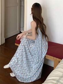 DAZY Happy Dog Cartoon Print Full-Length Slip Dress For Women - Blue - View 2