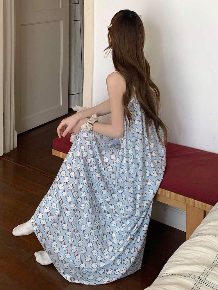 Happy Dog Cartoon Print Full-Length Slip Dress For Women