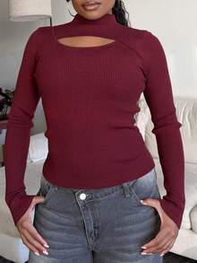 Tyla Gomez Solid Color Hollow Out Half Turtle Neck Sweater,Long Sleeve Tops,Fall Clothes - Burgundy - View 6