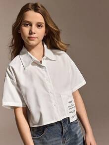 少女休闲校园风街头时尚露脐短袖衬衫，带大口袋 - 白色 - 查看 3