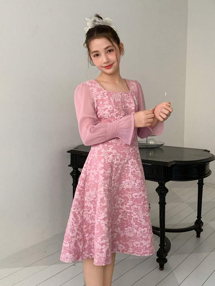 Tween Girl Floral Jacquard Flare Sleeve Elegant Dress Spring