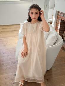 Dazy Kids Tween Girls' Summer Casual Vacation Style Embroidered Mesh Puff Sleeve Loose Dress - Beige - View 7