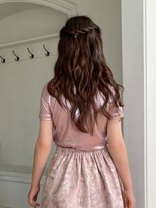 DAZY 少女V领针织短袖T恤，秋季款 - 粉色 - 查看 2