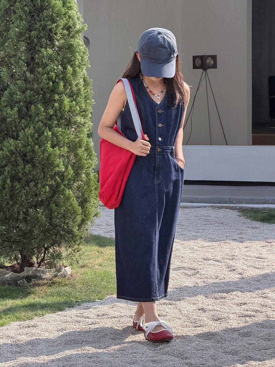 DAZY Tween Girls' V-Neck Button Half Placket Pocket Casual Sleeveless Denim Dress - Blue - View 1