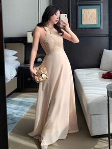 DAZY Women's Textured Fabric Splice Halter Neck Sleeveless Elegant Dress - Apricot - View 6