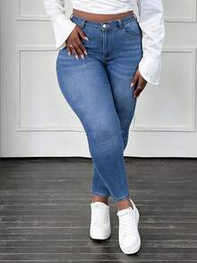 CurvyTilda Plus Zipper Fly Skinny Jeans, For Hourglass Body Shape - Medium Wash - View 3