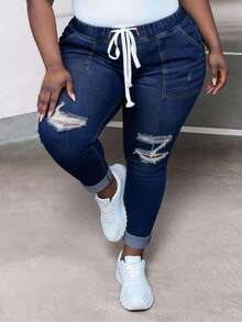 CurvyTilda Plus Drawstring Waist Ripped Frayed Skinny Jeans - Dark Wash - View 4