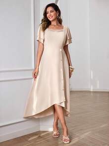 Miaspire Đầm nữ màu trơn cổ vuông vạt lệch thanh lịch tay ngắn, thích hợp cho kỳ nghỉ hè. - Màu be - Xem 6