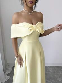 Elenzga 女士优雅休闲通勤度假下午茶情人节婚礼派对纯色浅黄色蝴蝶结露肩腰部A字伞裙摆口袋长裙，春夏款 - 淡黃色 - 查看 6