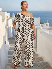 SHEIN LUNE CURVE Plus Size Women Floral Print Asymmetrical Shoulder Casual Jumpsuit For Travel & Vacation - Apricot - View 4