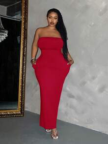 SHEIN Slayr Elegant Plus Size Red Knitted Bodycon Strapless Long Dress Tube Dress Plus Size - Red - View 6