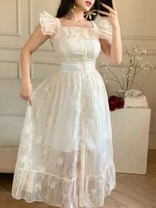 DAZY Cap Sleeve Frill Trim Camisole Dress, Elegant Office Wear Dress Wedding Guest Dress - Beige - View 9