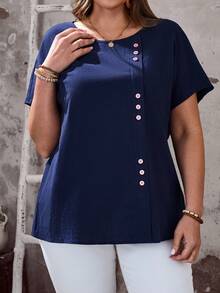 EMERY ROSE 大码女式夏季休闲度假乡村风圆领短袖纽扣装饰纯色藏蓝色衬衫上衣，适合春夏度假、春假外出等场合，2026新款，简约时尚，日常穿着皆宜，蓝色上衣 - 藏蓝色 - 查看 2