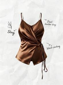 Franclia 纯色缎面V领缎面裹身系带珍珠吊带背心，适合夏季穿着、夏季度假穿着、夏季上衣、女士情人节服装、情人节、派对上衣、女士优雅上衣、女士度假服装、闪亮上衣、女士优雅背心、女士狂欢节服装、女士沙滩装、女士度假服装、无袖上衣。 - 棕色 - 查看 3