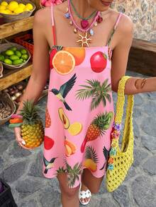 Selianne Fuchsia Tropical Fruit Print Camisole Mini Dress, Vacation Style, Spring/Summer - Multicolor - View 5