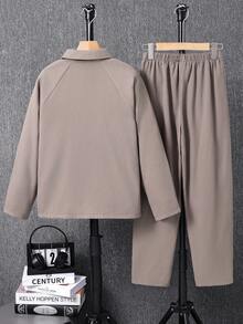 SHEIN 2 piezas Conjunto de traje casual para adolescentes - Chaqueta con cuello y mangas raglán, y pantalones rectos, diseño clásico y minimalista, versátil para el hogar, ir y venir, escuela, uso diario casual, viajes, al aire libre, fiestas, otoño/invierno - Caqui - Ver 4