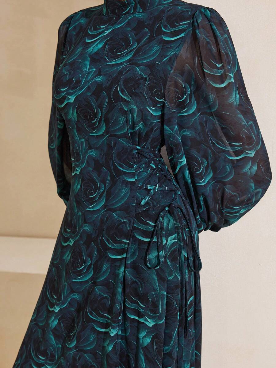 Graceveil 女士优雅修身印花高领侧系腰雪纺连衣裙，适合外出、约会和晚间活动