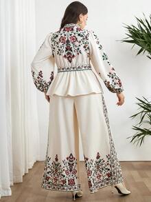 Modelyn Plus Size Elegant Floral Print Ruffle Hem Lantern Sleeve Top And Pants 2 Pieces Set, Autumn Modest Outfits For Women 2 Pieces Latest Outfit For Women - Multicolor - View 2
