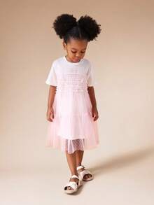 SUMWON Girls Short Sleeve Graphic Tee With Pink Text Print And Tulle Overlay Detail For Spring Summer Casual Wear Vacation - Baby Pink - View 1