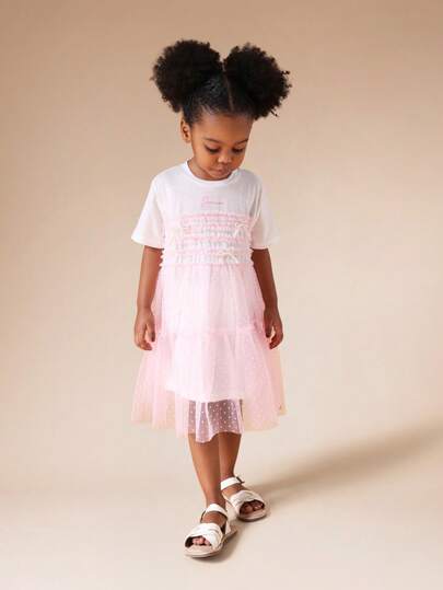 SUMWON Girls Short Sleeve Graphic Tee With Pink Text Print And Tulle Overlay Detail For Spring Summer Casual Wear