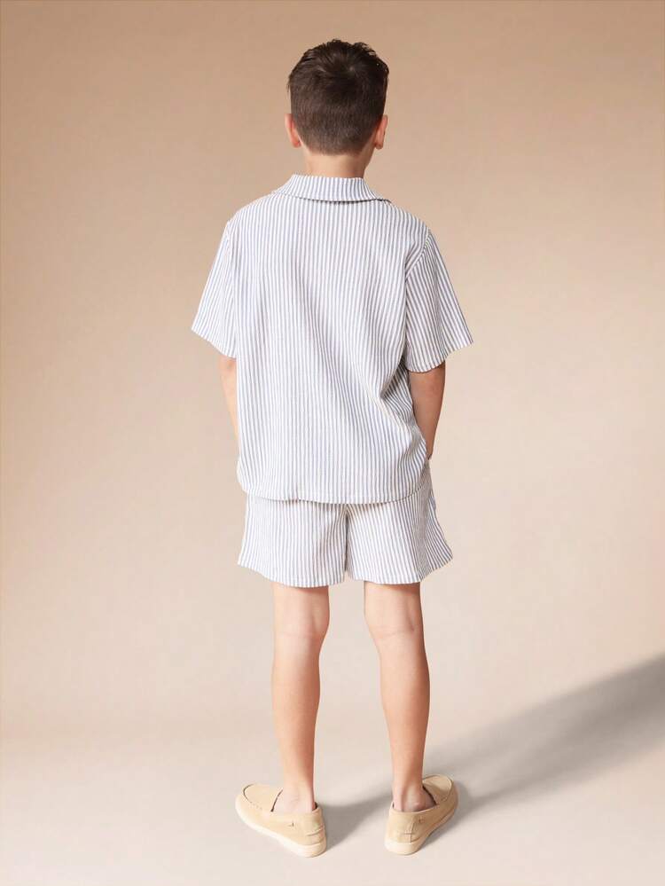 Striped Shirt And Shorts Set With Button Front