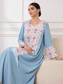 Al Najma 女士休闲纯色拼接花卉多色印花撞色流苏装饰土耳其阿拉伯风格长裙 - 淺藍色 - 查看 1