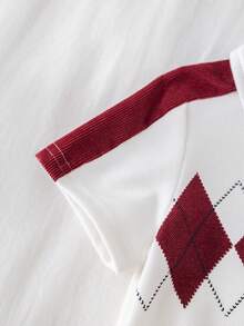 SHEIN 2pcs/Set Baby BoyCasual Versatile Argyle Pattern Short Sleeve Polo Shirt And Red Pants Outfit, Spring/Summer - Red - View 5