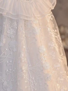 SHEIN 少女纯色网纱刺绣荷叶边下摆休闲连衣裙 - 白色 - 查看 12