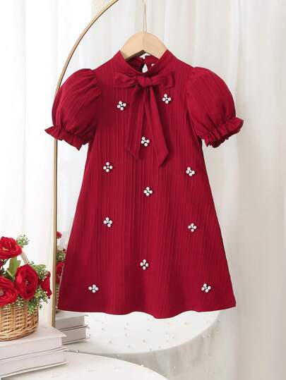 SHEIN Young Girl Pearl Decor Bow Collar Short Puff Sleeve Cute Dress