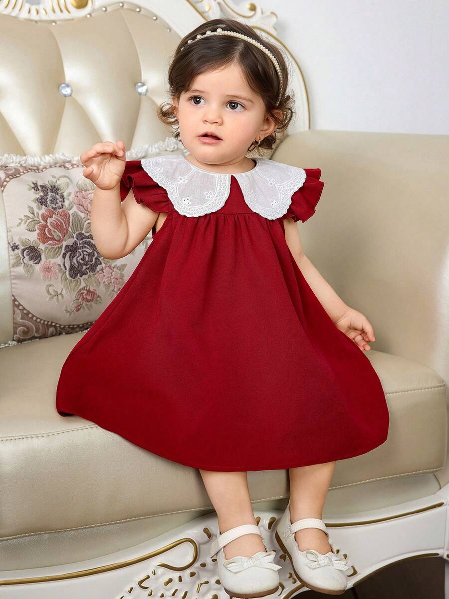 女婴休闲优雅甜美可爱刺绣领A字短袖连衣裙，红色，春夏款 - 紅色 - 查看 1