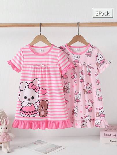 2pcs/Set Toddler Girls' Cartoon Theme Pink & Striped Dress With Rabbit & Bear Print, Ruffle Hem, Bow Decor Short Sleeve Nightgown