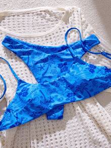 Swim Mod Conjunto de bikini de 2 piezas con tirantes finos y espalda descubierta, con estampado, de estilo de vacaciones en la playa de moda para primavera/verano 2026 para mujeres - Azul - Ver 5