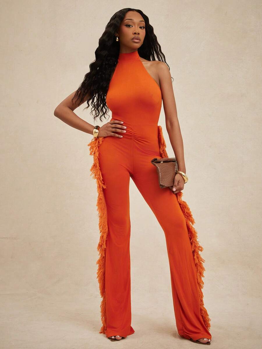 NYA SZN Bộ jumpsuit không tay ôm sát thời trang với tua rua trang trí, cổ yếm. - Đỏ - Xem 1