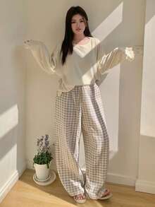 Dazy Plus Pantalones de pijama de talla grande con estampado de cuadros y bolsillo con nudo - Albaricoque - Ver 6