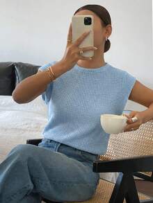 Siren Gaze 纯色圆领短袖华夫格休闲舒适T恤，夏季 - 藍色 - 查看 3