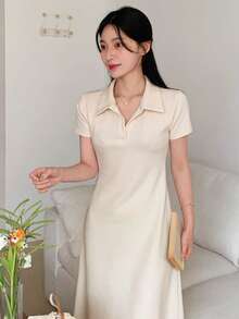 DAZY Đầm maxi nữ cổ bẻ, khóa kéo nửa thân, dáng chữ A, dài đến đầu gối. - Xám - Xem 3