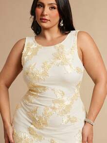 SHEIN BAE Plus Size Women's Elegant Embroidered Sleeveless Backless Dress, Summer - Apricot - View 4