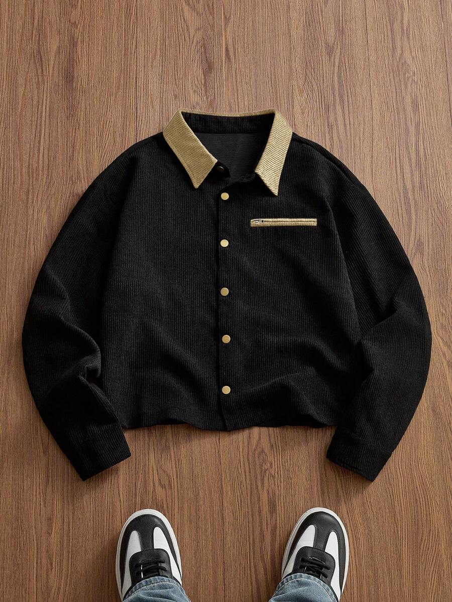 SWAVVY 男士休闲日常撞色领纽扣前襟夹克，秋季款 - 黃色 - 查看 1