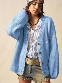 Bohemela 女士休闲复古宽松单排扣长袖针织开衫，秋冬款 - 水鴨藍 - 查看 4
