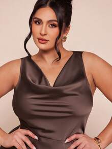 SHEIN BAE Elegant Sleeveless Satin Waist Cinched Dress - Coffee Brown - View 5