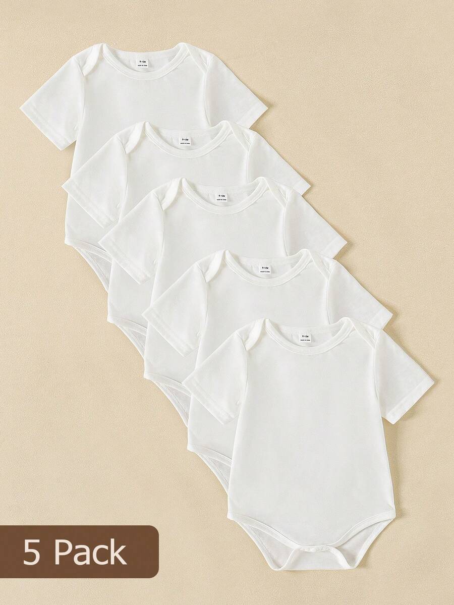 SHEIN Playful Pals Bộ 5 món áo liền quần cổ tròn màu trơn mềm mại và thoải mái cho bé gái, kiểu dáng thời trang thường ngày, dễ mặc vào/cởi ra, tay ngắn và quần short, thích hợp cho mùa xuân/hè. - trắng - Xem 1